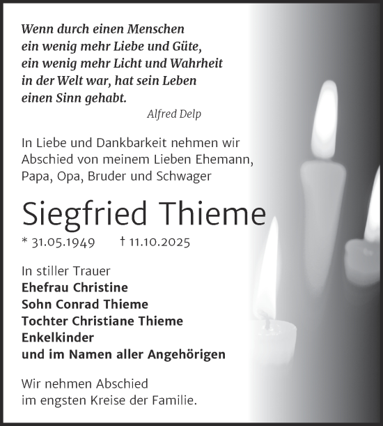 Traueranzeige von Siegfried Thieme von Trauerkombi Merseburg