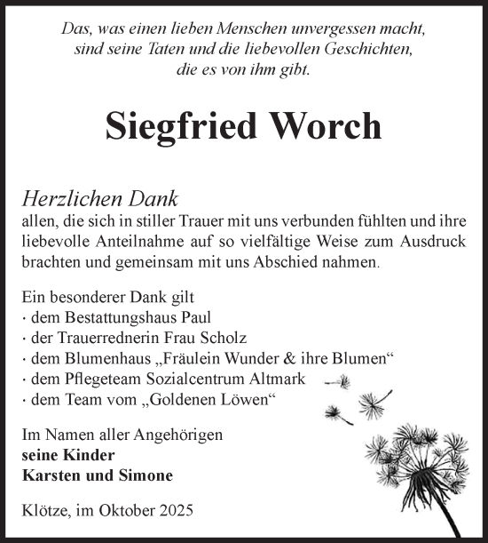 Traueranzeige von Siegfried Worch von Volksstimme Altmark West