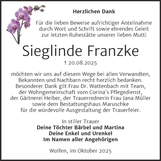 Traueranzeige von Sieglinde Franzke von Trauerkombi Bitterfeld