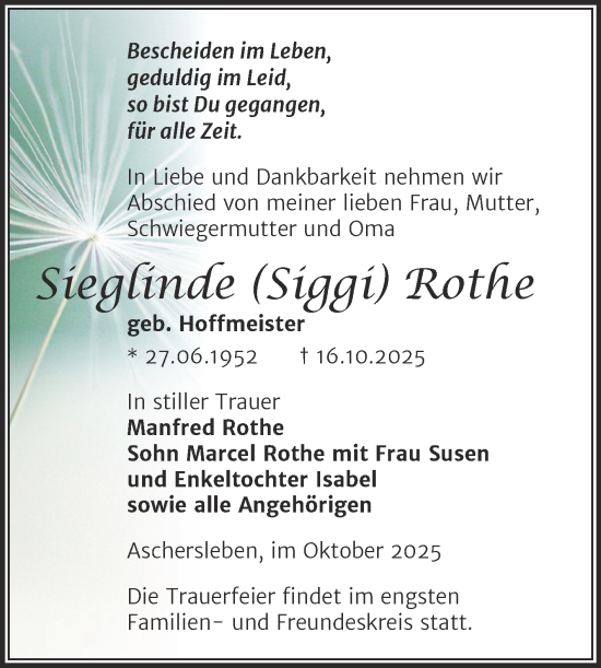 Traueranzeige von Sieglinde Rothe von Trauerkombi Aschersleben