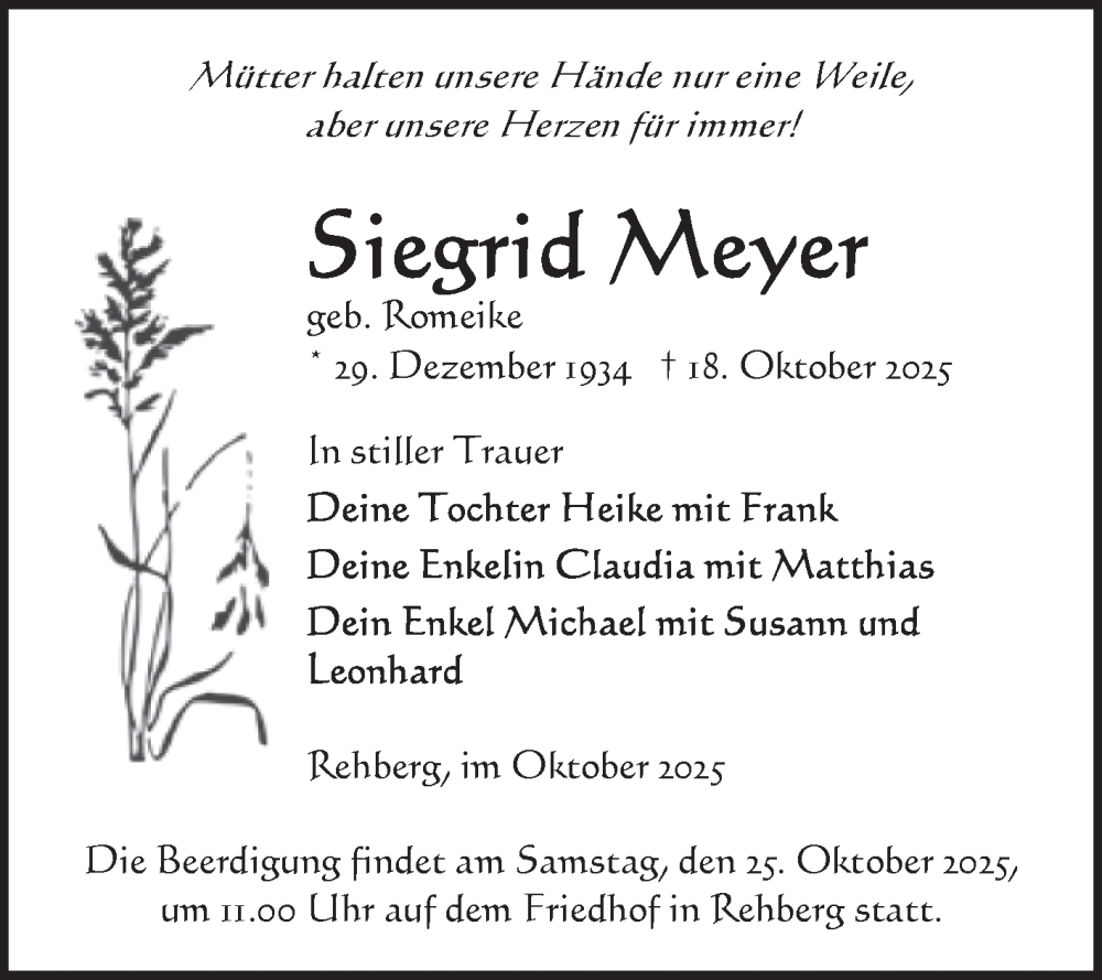  Traueranzeige für Siegrid Meyer vom 22.10.2025 aus Volksstimme Altmark Ost