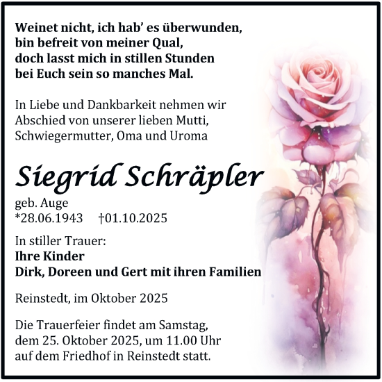 Traueranzeige von Siegrid Schräpler von Trauerkombi Aschersleben