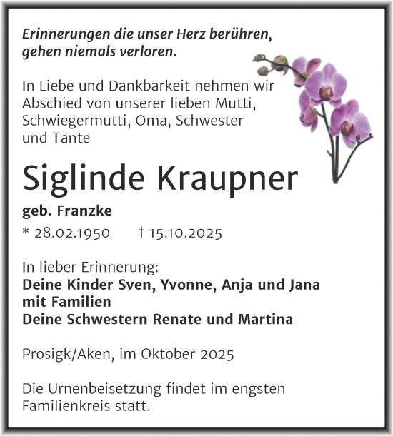 Traueranzeige von Siglinde Kraupner von Trauerkombi Köthen