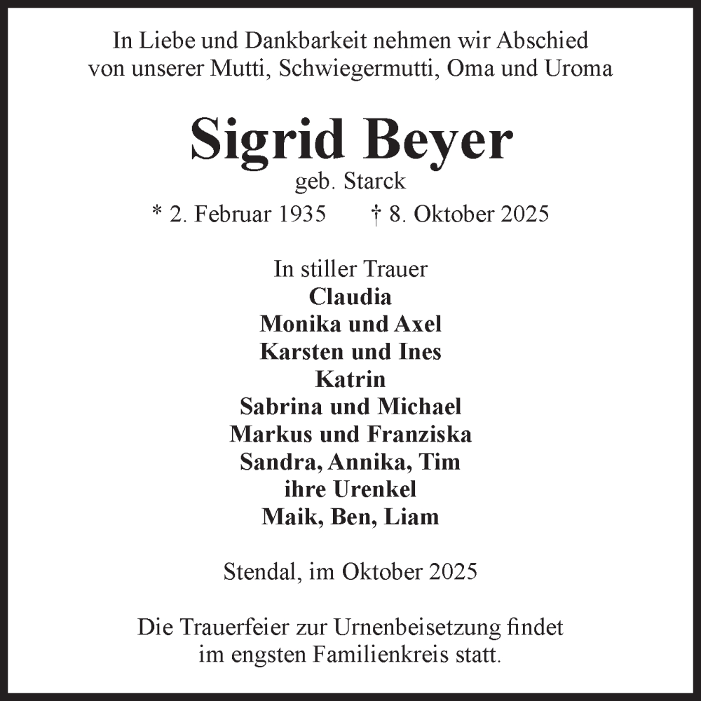  Traueranzeige für Sigrid Beyer vom 11.10.2025 aus Volksstimme Altmark Ost
