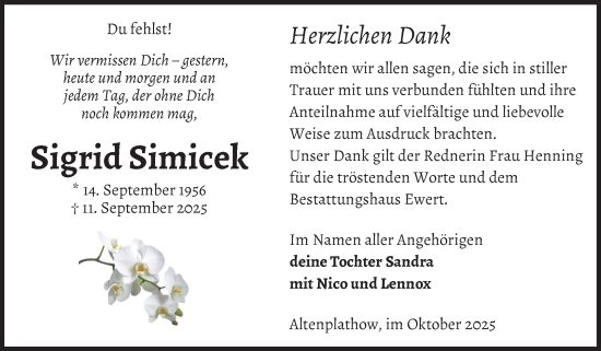 Traueranzeige von Sigrid Simicek von Volksstimme Burg/Genthin