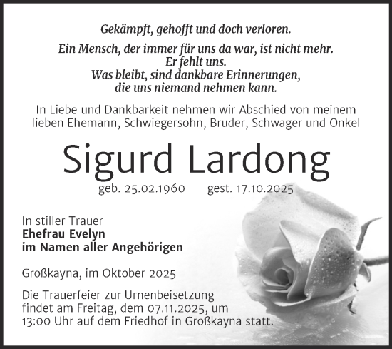 Traueranzeige von Sigurd Lardong von Trauerkombi Merseburg