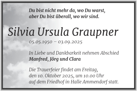Traueranzeige von Silvia Ursula Graupner von Mitteldeutsche Zeitung Halle/Saalkreis