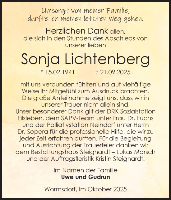 Traueranzeige von Sonja Lichtenberg von Volksstimme Oschersleben/Wanzleben