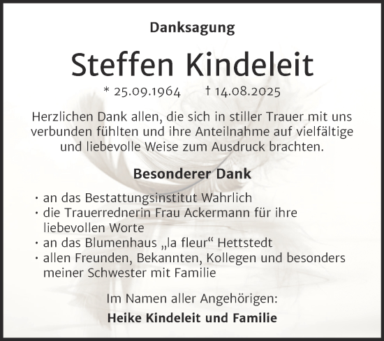 Traueranzeige von Steffen Kindeleit von Trauerkombi Mansfelder Land