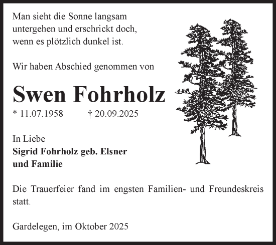 Traueranzeige von Swen Fohrholz von Volksstimme Altmark West