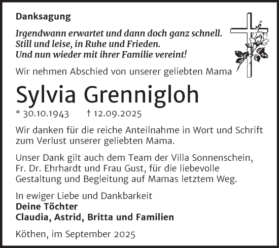 Traueranzeige von Sylvia Grennigloh von Trauerkombi Köthen