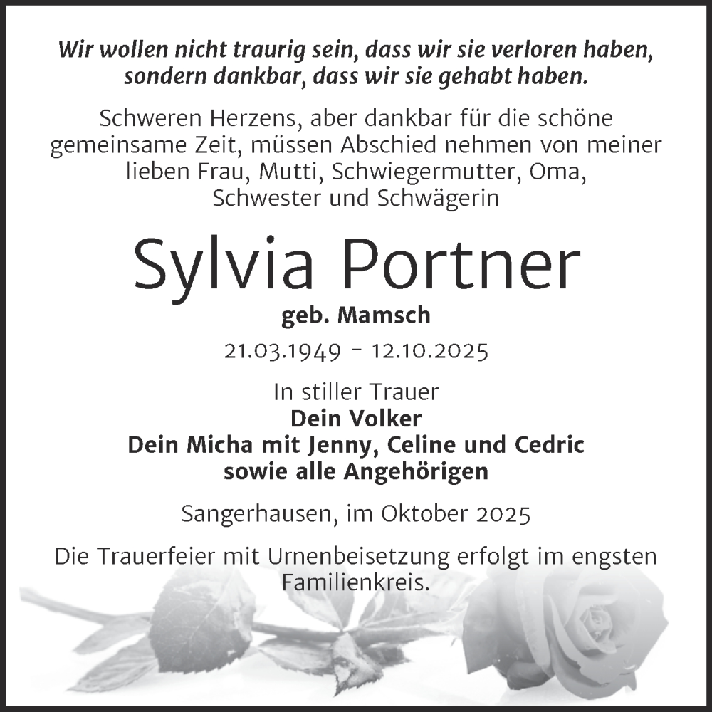  Traueranzeige für Sylvia Portner vom 18.10.2025 aus Trauerkombi Sangerhausen