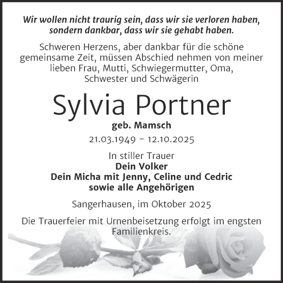 Traueranzeige von Sylvia Portner von Trauerkombi Sangerhausen