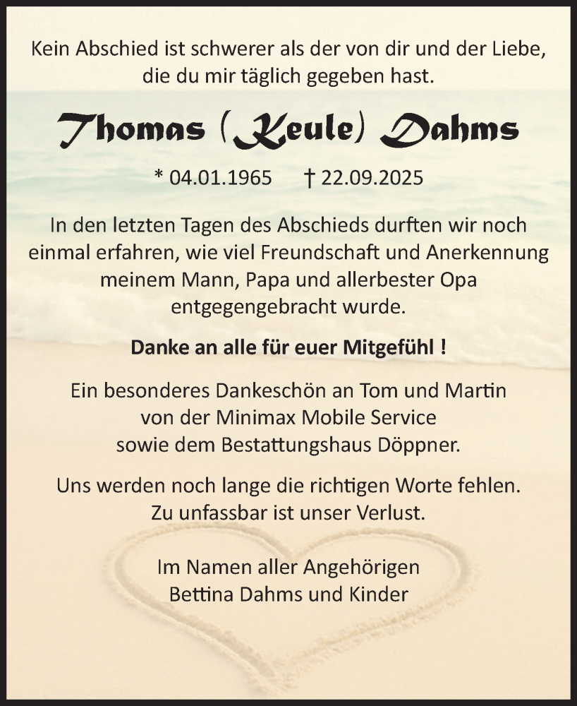  Traueranzeige für Thomas Dahms vom 25.10.2025 aus Volksstimme Oschersleben/Wanzleben
