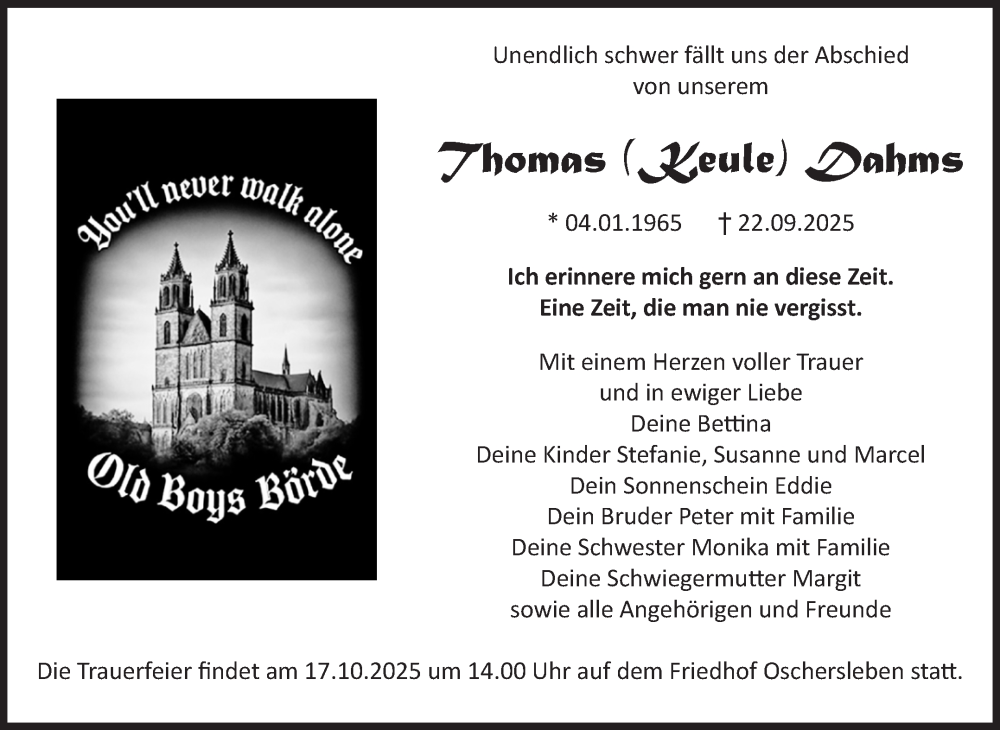  Traueranzeige für Thomas Dahms vom 11.10.2025 aus Volksstimme Oschersleben/Wanzleben
