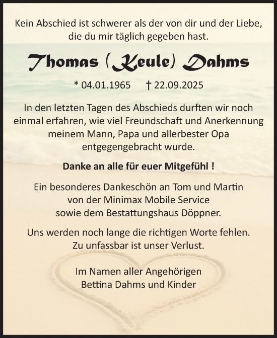 Traueranzeige von Thomas Dahms von Volksstimme Oschersleben/Wanzleben