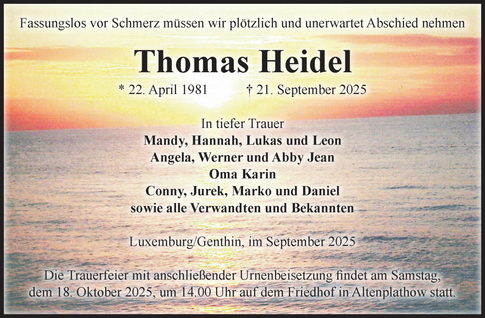  Traueranzeige für Thomas Heidel vom 15.10.2025 aus Volksstimme Burg/Genthin