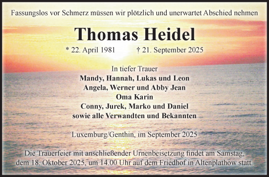 Traueranzeige von Thomas Heidel von Volksstimme Burg/Genthin