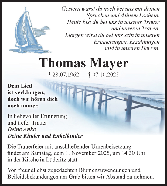 Traueranzeige von Thomas Mayer von Volksstimme Altmark Ost