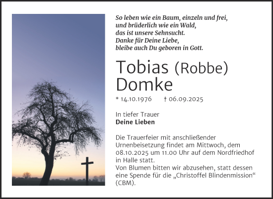 Traueranzeige von Tobias Domke von Mitteldeutsche Zeitung Halle/Saalkreis