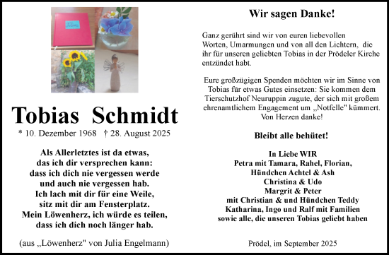 Traueranzeige von Tobias Schmidt von Volksstimme Burg/Genthin