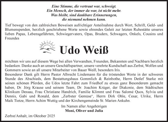 Traueranzeige von Udo Weiß von Volksstimme Zerbst