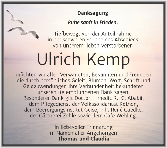 Traueranzeige von Ulrich Kemp von Trauerkombi Köthen
