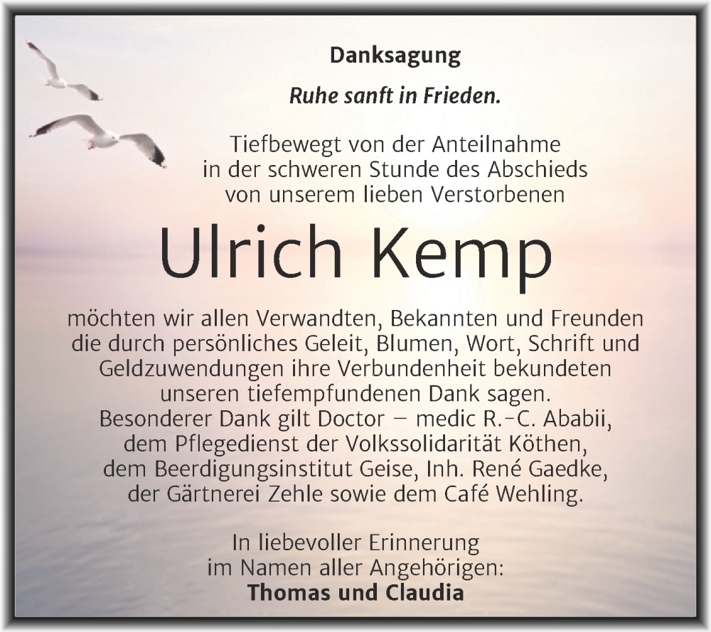 Traueranzeige für Ulrich Kemp vom 04.10.2025 aus Trauerkombi Köthen