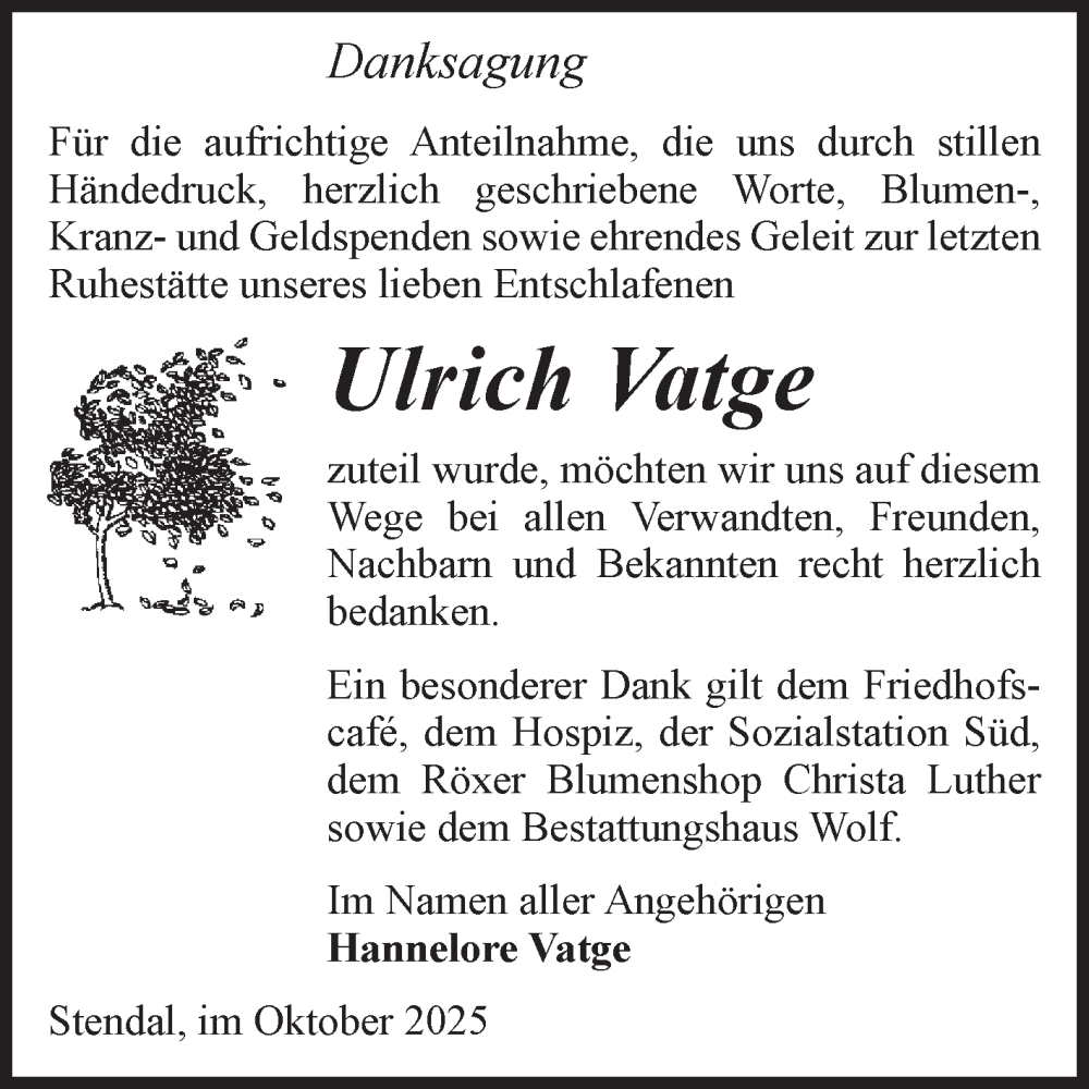  Traueranzeige für Ulrich Vatge vom 04.10.2025 aus Volksstimme Altmark Ost
