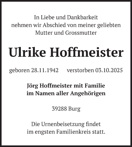 Traueranzeige von Ulrike Hoffmeister von Volksstimme Burg/Genthin