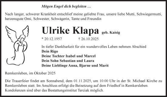 Traueranzeige von Ulrike Klapa von Volksstimme Oschersleben/Wanzleben