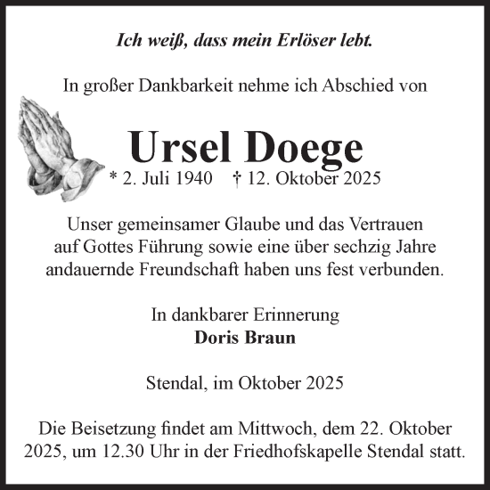 Traueranzeige von Ursel Doege von Volksstimme Altmark Ost
