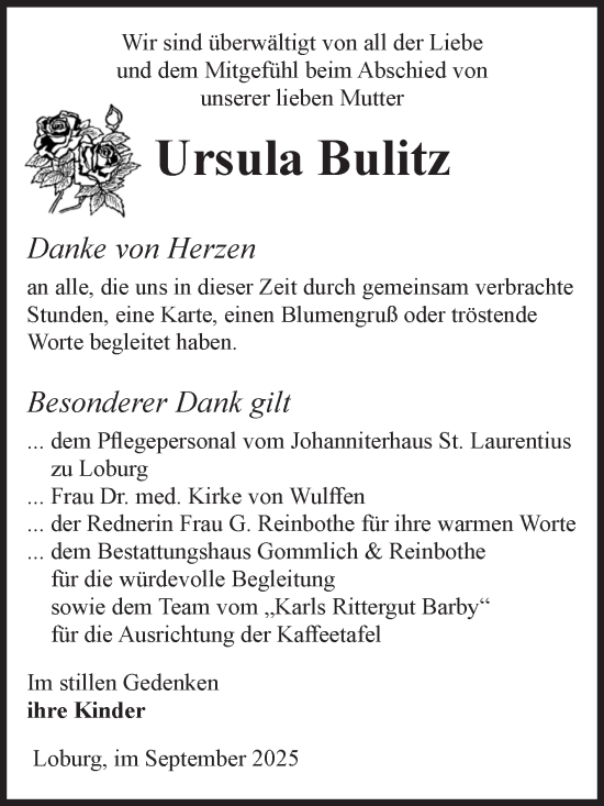 Traueranzeige von Ursula Bulitz von Volksstimme Zerbst