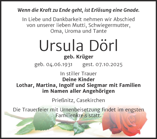 Traueranzeige von Ursula Dörl von Super Sonntag Naumburg/Nebra