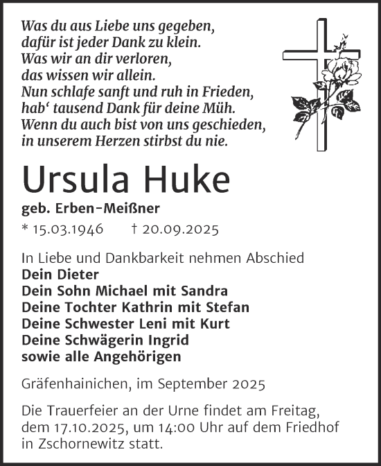 Traueranzeige von Ursula Huke von Trauerkombi Wittenberg