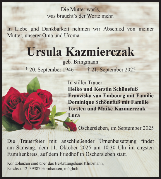 Traueranzeige von Ursula Kazmierczak von Volksstimme Oschersleben/Wanzleben