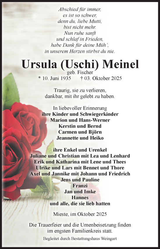 Traueranzeige von Ursula Meinel von Volksstimme Altmark West