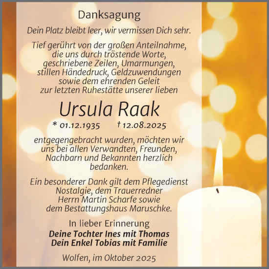 Traueranzeige von Ursula Raak von Trauerkombi Bitterfeld