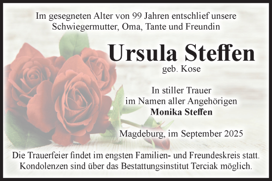 Traueranzeige von Ursula Steffen von Volksstimme Magdeburg