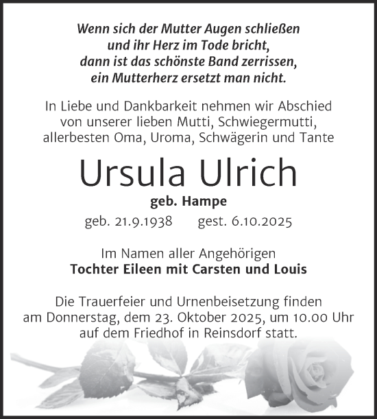Traueranzeige von Ursula Ulrich von Trauerkombi Köthen