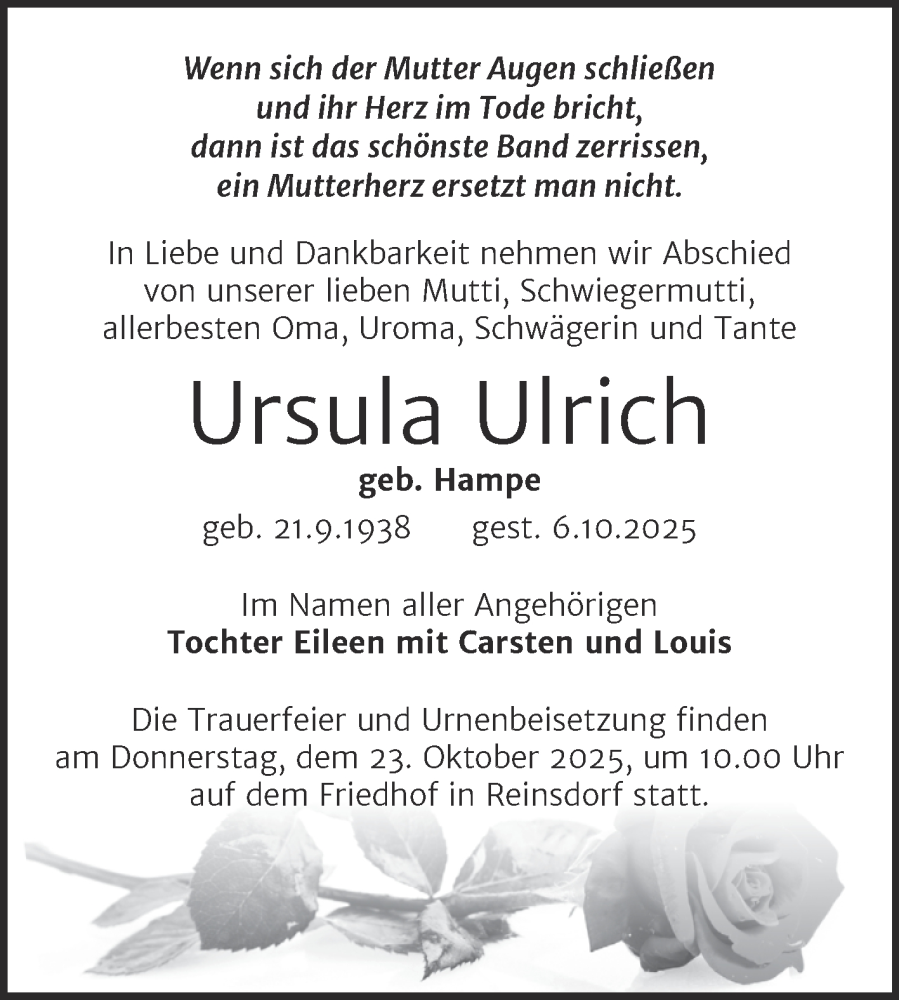  Traueranzeige für Ursula Ulrich vom 11.10.2025 aus Trauerkombi Köthen