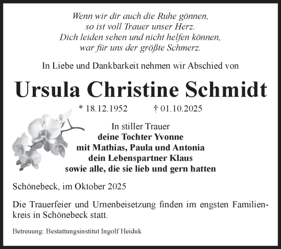 Traueranzeige von Ursula Christine Schmidt von Volksstimme Schönebeck