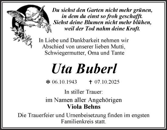 Traueranzeige von Uta Buberl von Trauerkombi Dessau