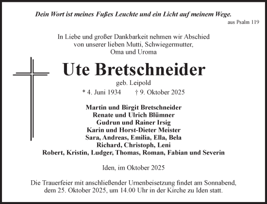 Traueranzeige von Ute Bretschneider von Volksstimme Altmark Ost