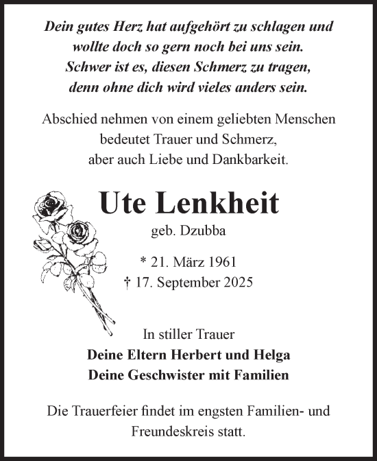 Traueranzeige von Ute Lenkheit von Volksstimme Burg/Genthin
