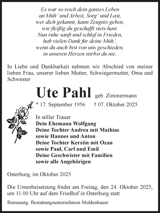 Traueranzeige von Ute Pahl von Volksstimme Altmark Ost