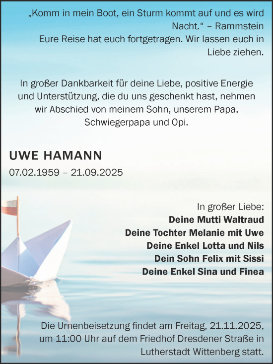 Traueranzeige von Uwe Hamann von Trauerkombi Wittenberg