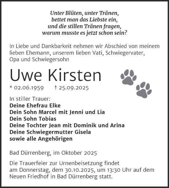 Traueranzeige von Uwe Kirsten von Trauerkombi Merseburg