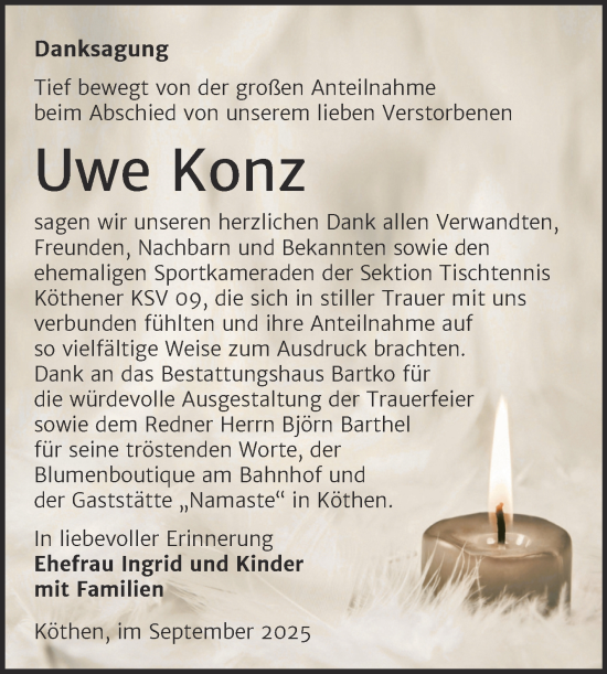 Traueranzeige von Uwe Konz von Trauerkombi Köthen
