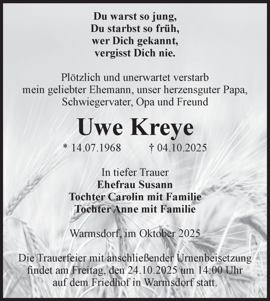  Traueranzeige für Uwe Kreye vom 11.10.2025 aus 